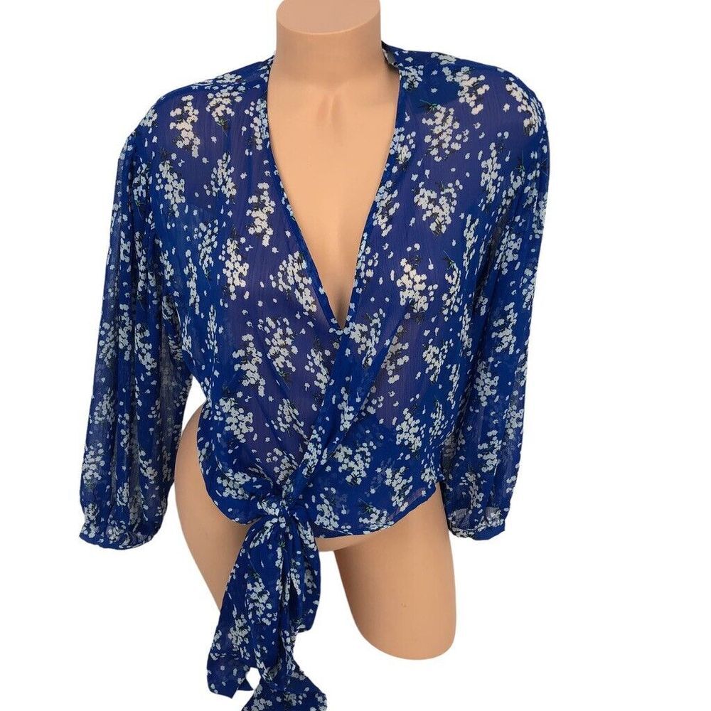 NWT Sans Souci Wrap Top Size S Sheer Floral Print Blouse V-Neck Boho Beachy Blue - Picture 2 of 7